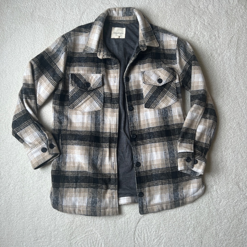 Treasure & Bond Plaid Shacket in Black, Cream & Tan